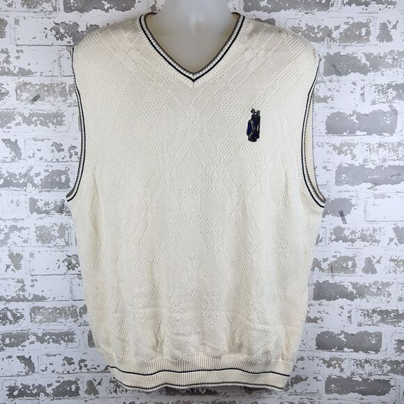 Vtg USA Made Sweater Vest Men’s XL Cream Blue Khaki Golf Bag Logo Cyprus Links - Picture 1 of 12